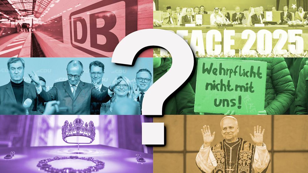 Der Chefwechsel bei der Deutschen Bahn, der Nahost-Friedensplan, die Bundestagswahl, das neue Wehrdienst-Gesetz, der Louvre-Diebstahl und die Papstwahl: All das waren Themen im Jahr 2025, die für Schlagzeilen sorgten. Foto: dpa/Martin Schutt, Michael Kappeler, Thomas Frey, Oliver Weiken, dts/Nachrichtenagentur; AFP/Stephane De Sakutin
