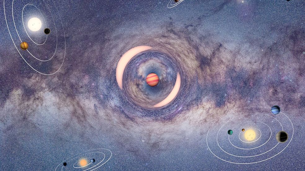 Die Illustration zeigt einen frei schwebenden Planeten, der das Licht eines dahinter liegenden Sterns ablenkt - ähnlich wie bei einem Brennglas. Foto: J. Skowron/K. Ulaczyk/OGLE/dpa