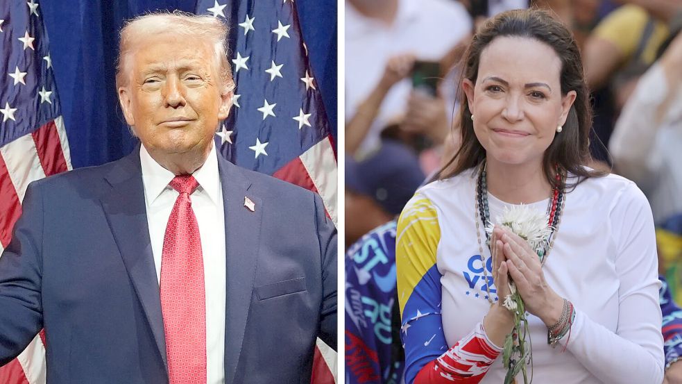 Gibt es bald zwei Friedensnobelpreisträger 2025? María Corina Machado sieht den US-Präsidenten als ebenso auszeichnungswürdig an. Foto: dpa/AP/Evan Vucci, dpa/Jesus Vargas