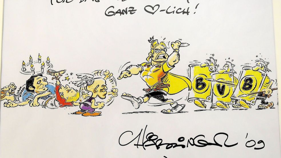 Ein legendärer Abend: Im DFB-Pokal-Achtelfinale besiegte der VfL mit Trainer Karsten Baumann Borussia Dortmund mit Jürgen. Mit diesem Comic im Asterix-Stil stimmte Karikaturist Christoph Härringer die Leser damals auf das Spiel ein - heute hängt das Original im VfL-Museum. Foto: Helmut Kemme