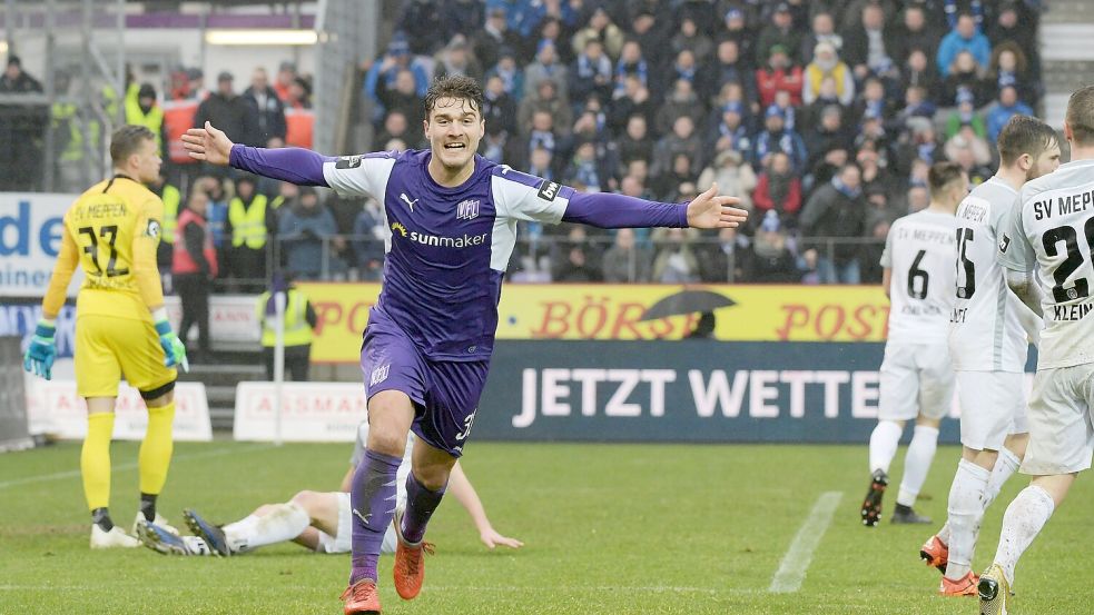 Feierte im Januar 2019 einen Einstand nach Maß: Benjamin Girth erzielte das Siegtor gegen den SV Meppen - am Ende der Saison stieg der VfL Osnabrück in die 2. Bundesliga auf. Foto: Helmut Kemme