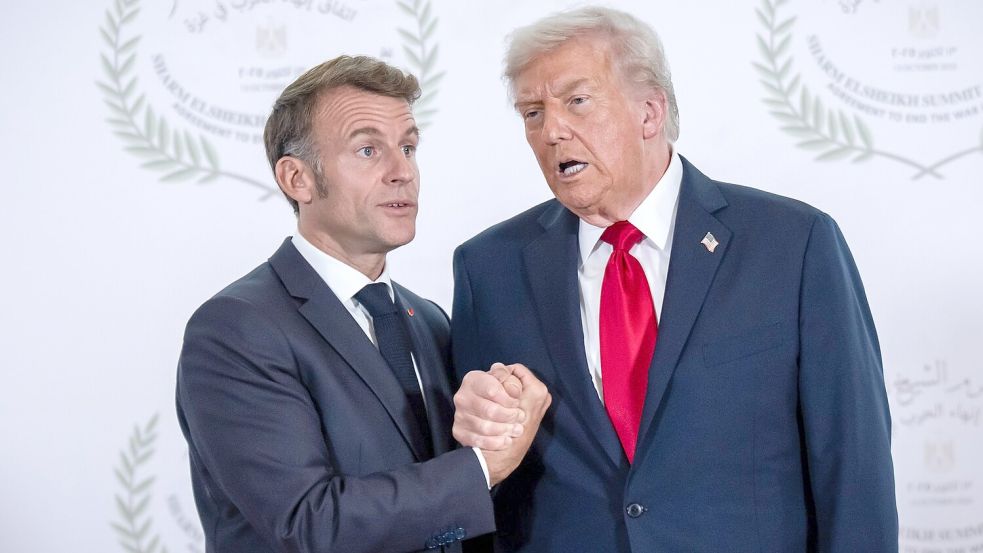 Trump droht: Sollte Frankreich dem „Friedensrat“ nicht beitreten, könnte es hohe Zölle geben. (Archivbild) Foto: Michael Kappeler/dpa