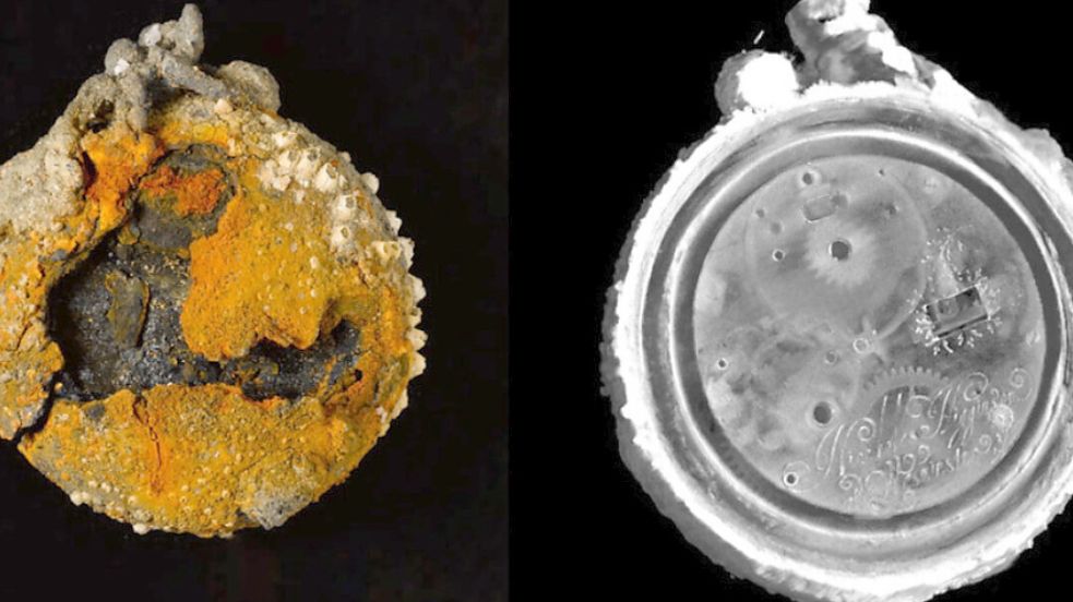 Die gefundene Taschenuhr ist stark von Rost und Seepocken überzogen. Foto: National Museum of Scotland