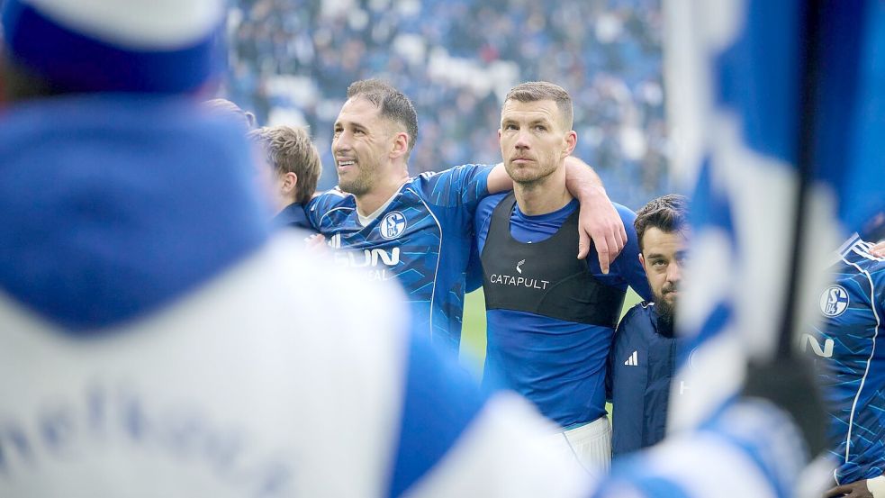 Dzeko (r) ist nun auch spielerisch auf Schalke angekommen. Foto: Bernd Thissen