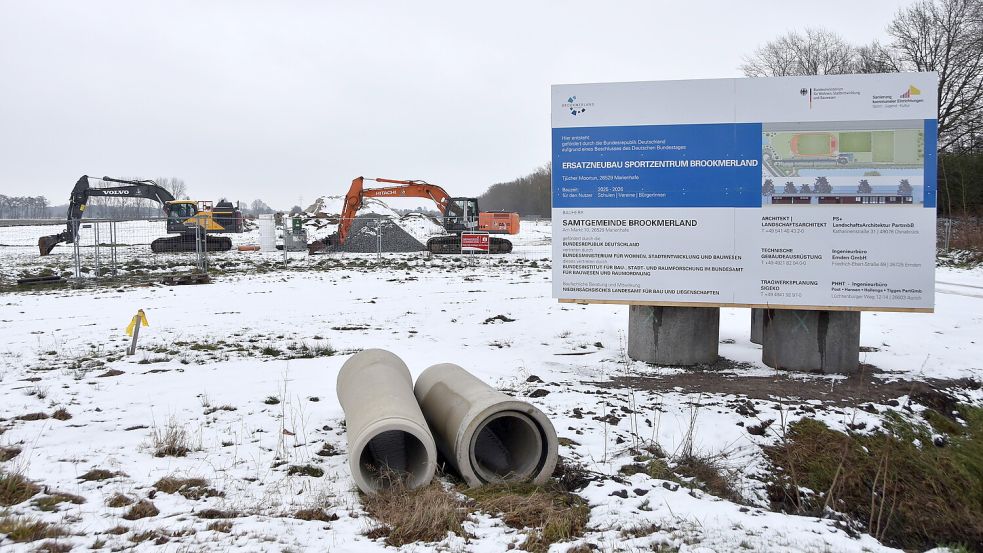 Am verschneiten Tjücher Moortun in Marienhafe weist ein Schild auf den Bau des Sportplatzes hin. Im Hintergrund warten Bagger auf ihren Einsatz. Foto: Thomas Dirks