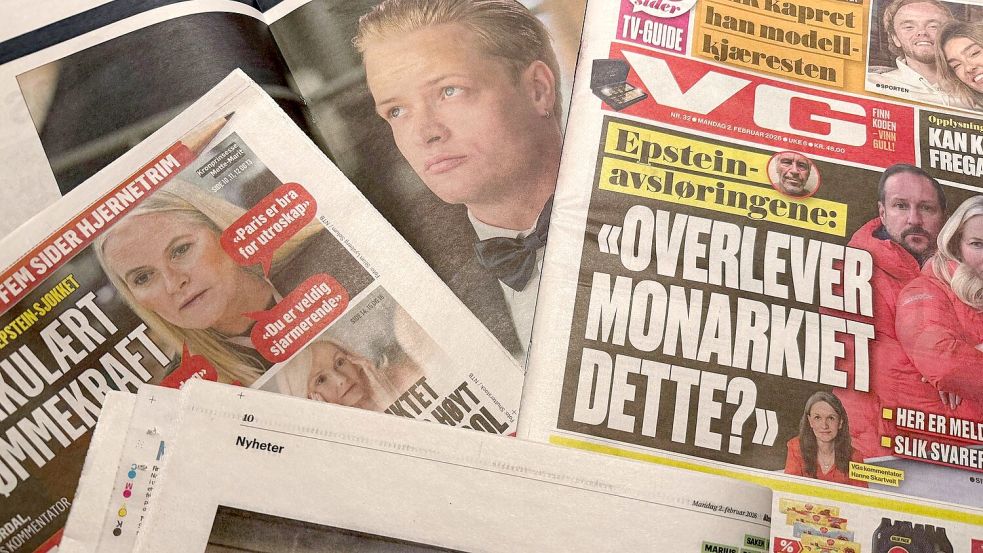 „Überlebt die Monarchie das?“ titelt eine norwegische Zeitung angesichts der Skandale um Kronprinzessin Mette-Marit und ihren Sohn Marius Borg Høiby. Foto: Julia Wäschenbach/dpa