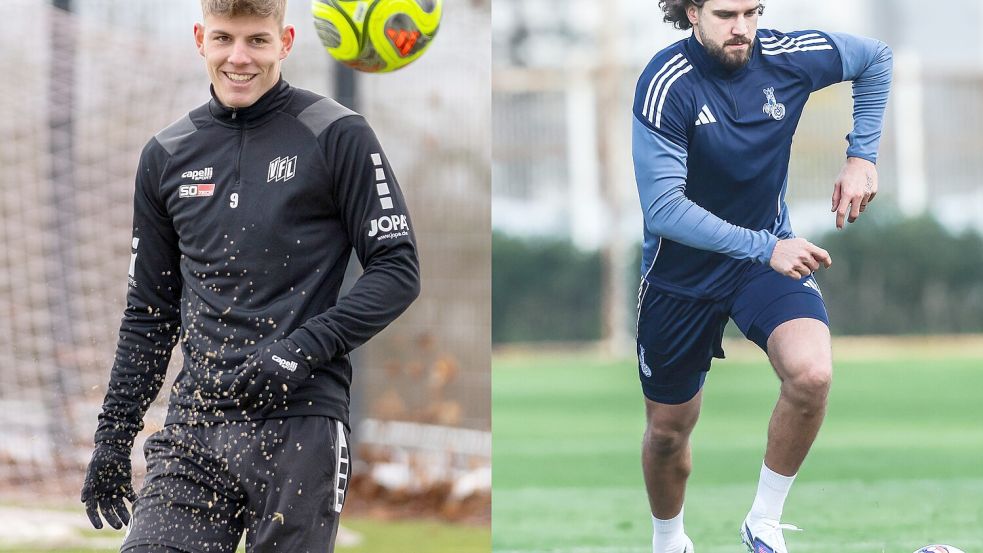 Stürmen ab dem Winter für neue Vereine: Julian Kania (links) kam aus Bielefeld zum VfL Osnabrück, Lex-Tyger Lobinger (vorher Viktoria Köln) spielt nun beim MSV Duisburg. Foto: Moses Ernesto Wiebrock; imago/Nico Herbertz