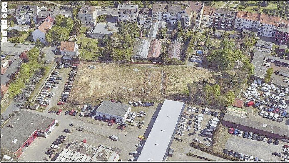 Hier sollten an der Weserstraße 56 neue Wohnungen entstehen. Das WGO-Neubauprojekt liegt inzwischen auf Eis. Zur Orientierung: Oben im Bild die Bramscher Straße, dahinter der Hasefriedhof. Foto: Geodaten Osnabrück