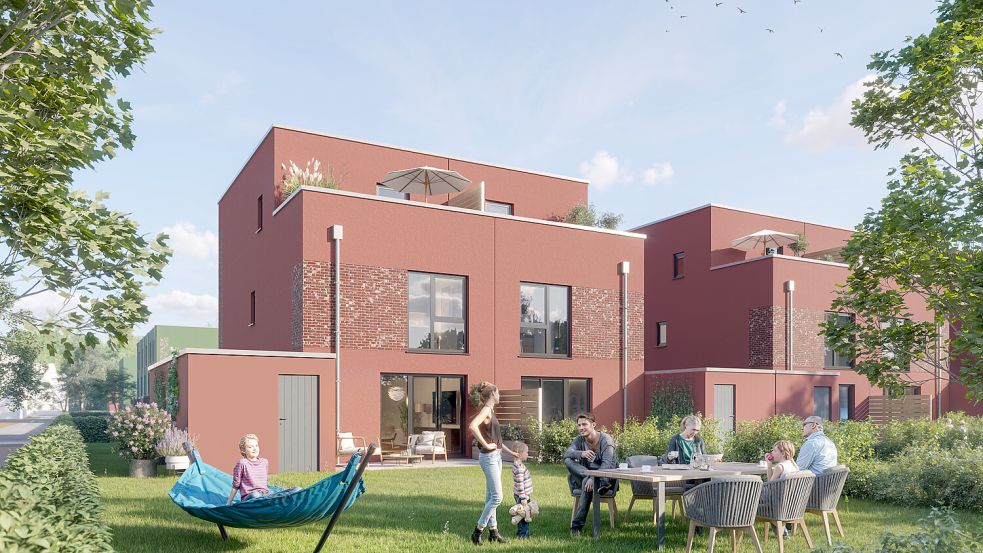 So sollen einige der Häuser in der Neubausiedlung „Zweiklang“ aussehen, die Investor BPD im Osnabrücker Landwehrviertel bauen will (Visualisierung). Foto: BPD / HH Vision