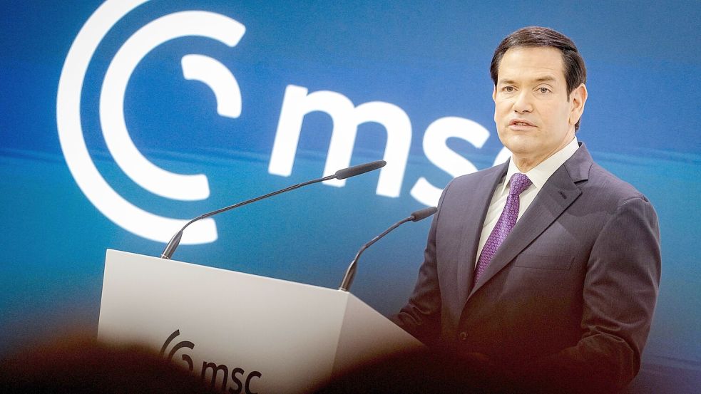 Freundlich im Ton, hart in der Sache: US-Außenminister Marco Rubio spricht bei der Münchner Sicherheitskonferenz. Foto: dpa/Kay Nietfeld