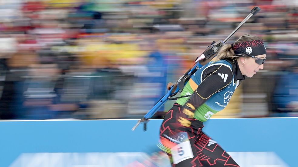 Zu oft nur nah dran: Franziska Preuß gewann bislang keine Einzel-Medaille in Antholz. Foto: Hendrik Schmidt