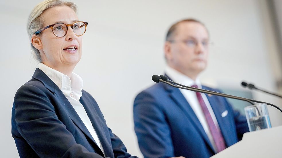 Erfolg für das Führungsduo der AfD, Alice Weidel und Tino Chrupalla: Das Verwaltungsgericht Köln hat im Eilverfahren vorerst entschieden, dass die Gesamtpartei nicht als „gesichert rechtsextrem“ einzustufen ist. Foto: Kay Nietfeld/dpa