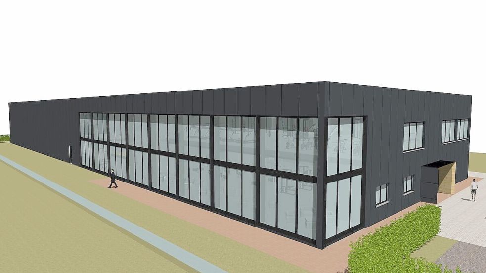 Diese Visualisierung zeigt aus Blickrichtung Bundesstraße 72, wie der „K1 Health & Fitness Club“ einmal aussehen soll, wenn es fertig sein wird. Grafik: Ingenieurbüro Gerdes GmbH, Aurich