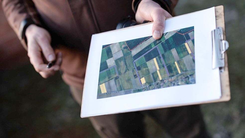 Auf einer Karte sind die Flächen zu sehen, an denen die Rebhuhnzählung sattfindet. Foto: David-Wolfgang Ebener