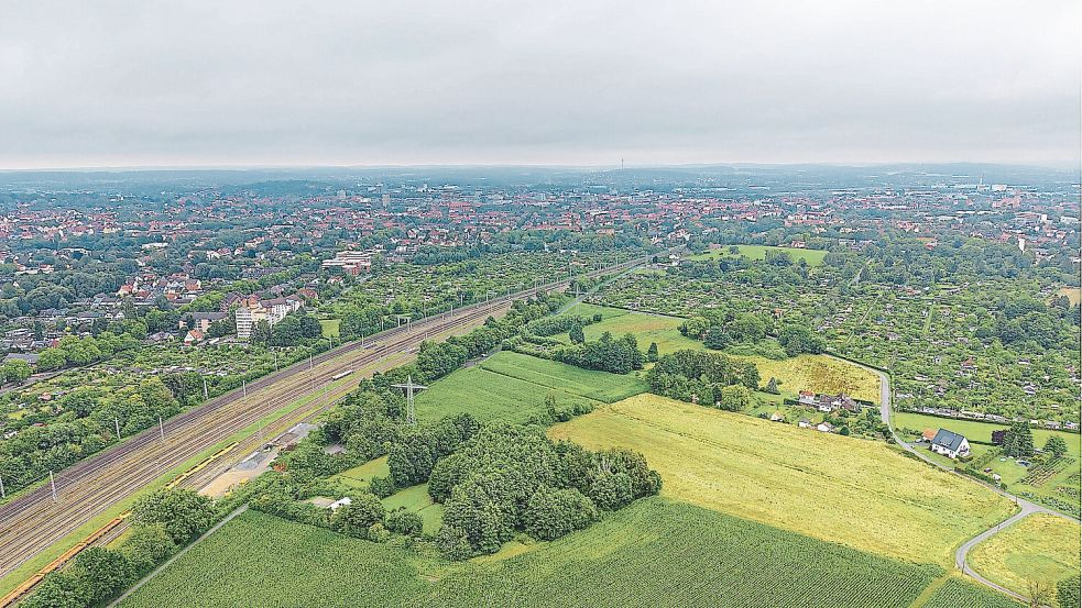Aus der Luft betrachtet: Der Grüne Finger Hörner Bruch und seine Ausläufer. Er umfasst Felder, Wiesen und kleinere Waldstücke. Foto: André Havergo
