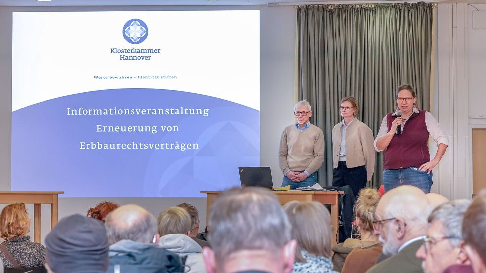 Standen Rede und Antwort (von links): Andreas Imwalle, Eva Götting und Frederike Bock von der Klosterkammer Hannover bei einer Informationsveranstaltung zur Erbpacht in Osnabrück. Foto: Jörn Martens