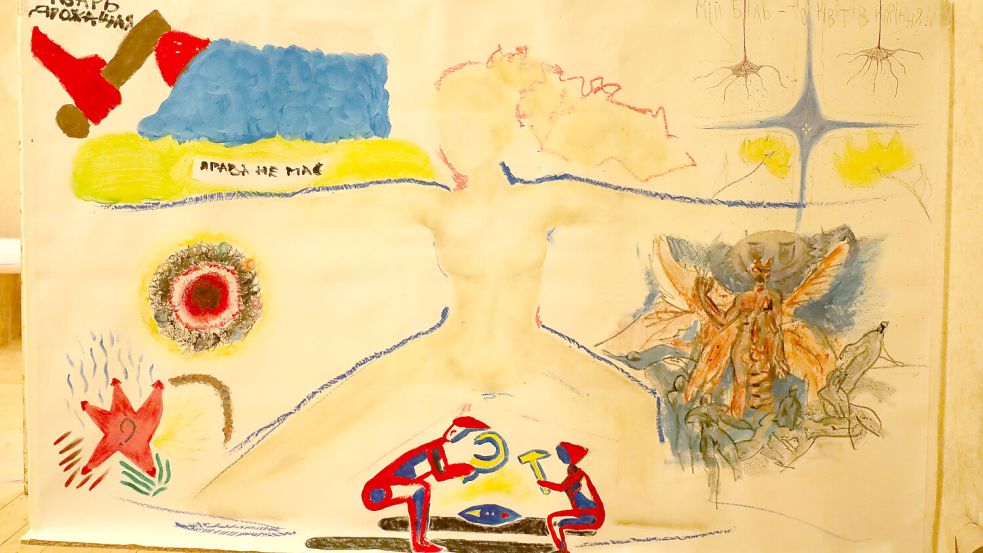 Mehrere Künstler haben an dem Bild „Virabhadrasana“ mitgearbeitet. Es zeigt, wie junge Menschen in der Ukraine mit dem Krieg umgehen. Das Werk ist in einer Ausstellung im Augustaschacht in Hasbergen zu sehen, die am Sonntag eröffnet wird. Foto: Thomas Wübker