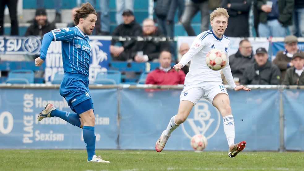 Bent Andresen (rechts) verlor mit Kickers Emden am Ostermontag mit 0:2 bei Phönix Lübeck. Foto: Jens Doden/Emden
