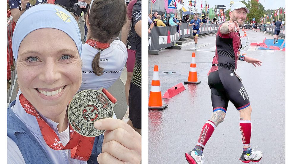 Karin Richter (hier mit der Medaille von Berliner Halbmarathon) bereitet sich auf den Hamburg-Marathon vor. Im Sommer möchte sie an einem Mitteldistanz-Triathlon teilnehmen. Jemand der sich mit dem Thema Triathlon auskennt, ist Clemens Köster. Fotos: Privat