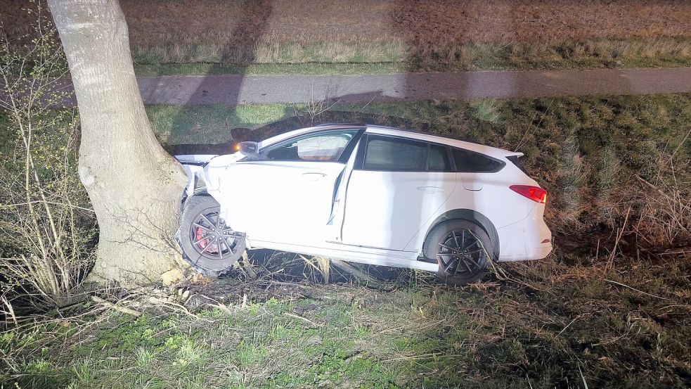 Das Auto des 42-Jährigen aus Nordrhein-Westfalen kollidierte mit einem Straßenbaum. Foto: Feuerwehr/Klaus-Dieter Cassens