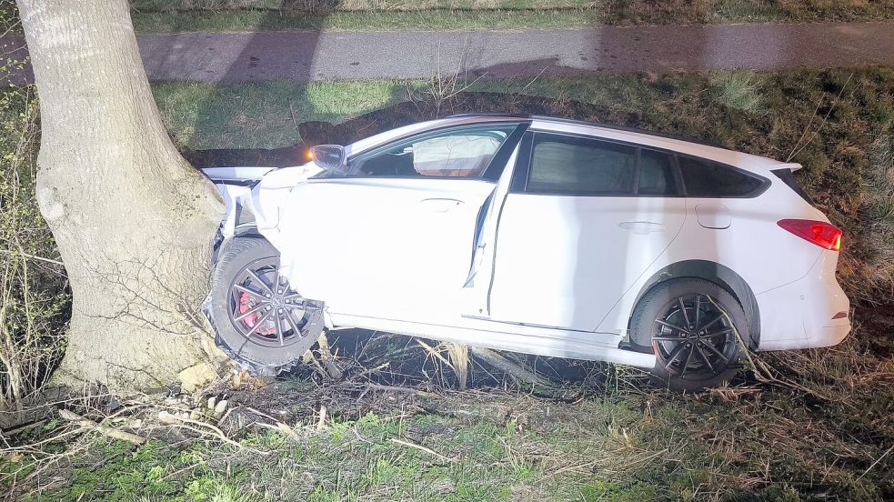 Das Auto des 42-Jährigen aus Nordrhein-Westfalen kollidierte mit einem Straßenbaum. Foto: Feuerwehr/Klaus-Dieter Cassens