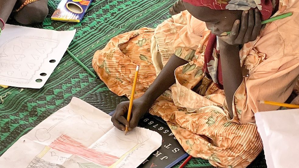 Ein kleines Mädchen malt die sudanesische Flagge. Foto: Eva Krafczyk