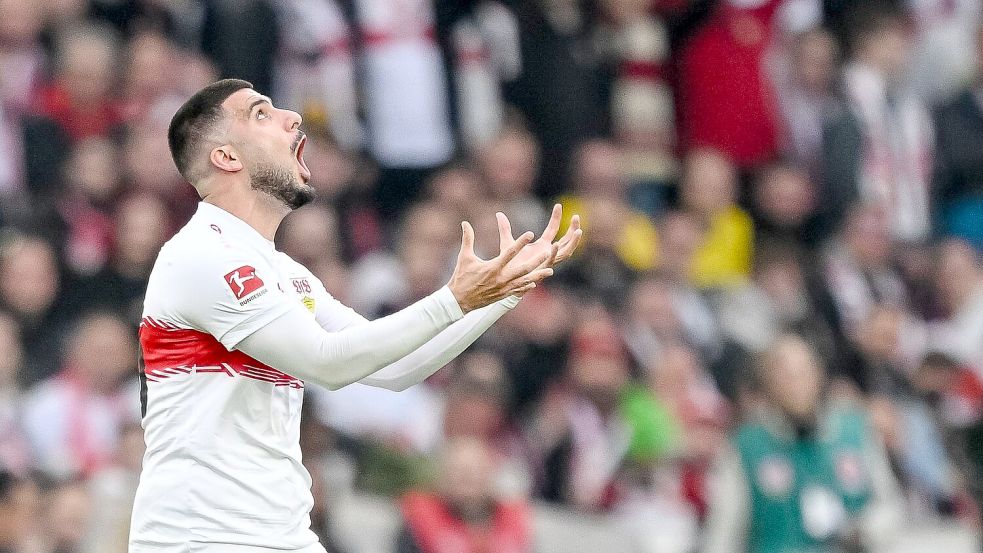 Deniz Undav reagiert nach einer Szene im VfB-Trikot. (Archivbild) Foto: Harry Langer