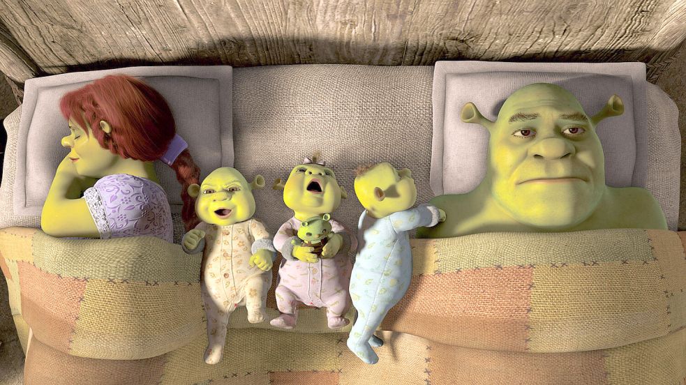 In dieser Szene aus dem vierten Shrek-Film „Für immer Shrek“ von 2010 wird der grummelige Oger um den Schlaf gebracht. Nicht für jeden ist das große Familienbett geeignet. Foto: imago images/Everett Collection