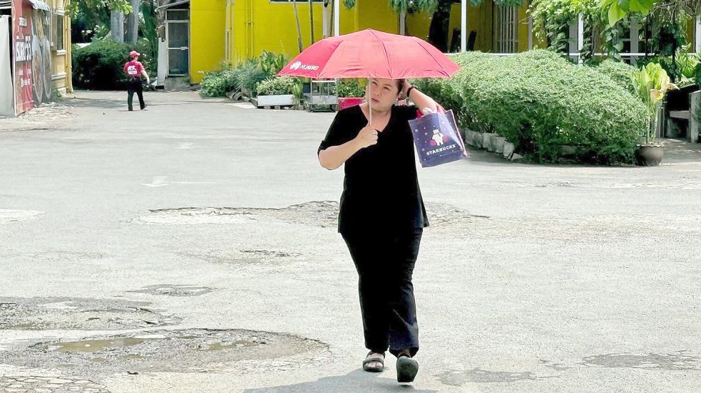 Viele schützen sich mit Schirmen vor der Sonne. Foto: Carola Frentzen