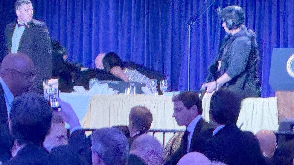 Gäste am Ehrentisch werden in Sicherheit gebracht. Foto: Mark Schiefelbein