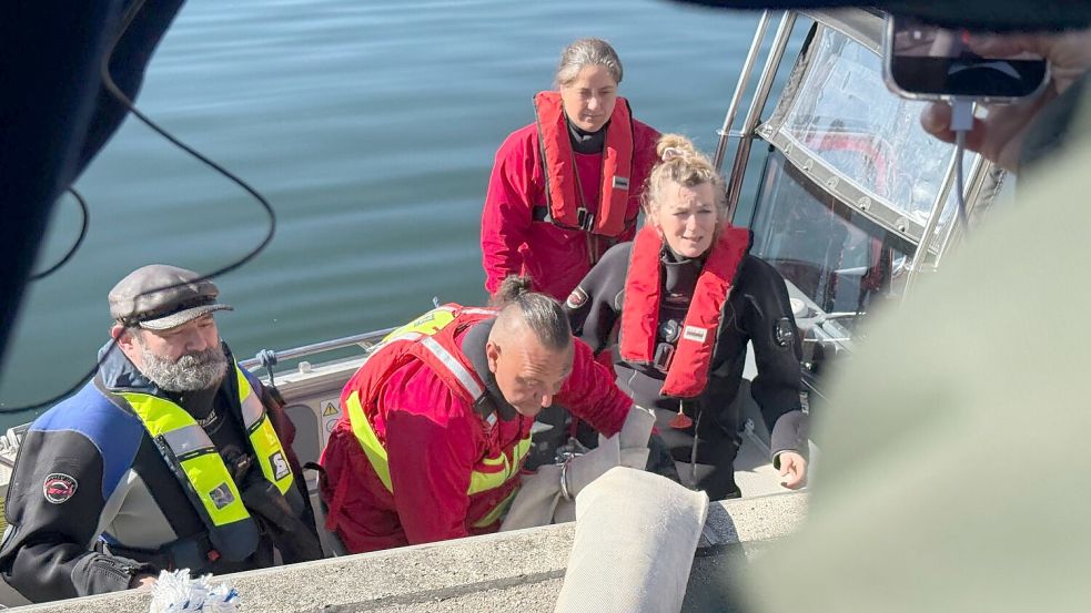 Helfer besteigen ein Boot, um zum Wal hinauszufahren. Foto: Helena Dolderer/dpa