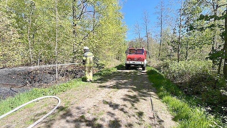 Die betroffene Fläche lag am Wegesrand weshalb die Einsatzkräfte mit den Feuerwehrautos gut herankamen. Foto: Feuerwehr