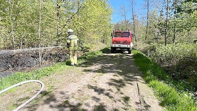 Die betroffene Fläche lag am Wegesrand weshalb die Einsatzkräfte mit den Feuerwehrautos gut herankamen. Foto: Feuerwehr