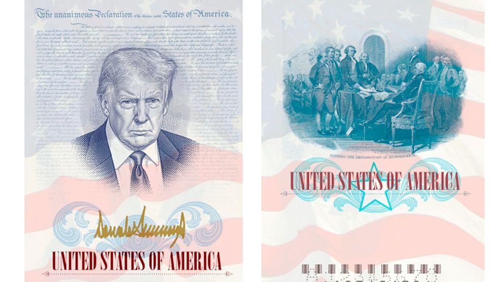 Donald Trump im Pass: Das Abbild des US-Präsidenten wird auf der Innenseite einer Sonderausgabe der amerikanischen Reisedokumente zu sehen sein. Foto: Uncredited/State Department/AP/d