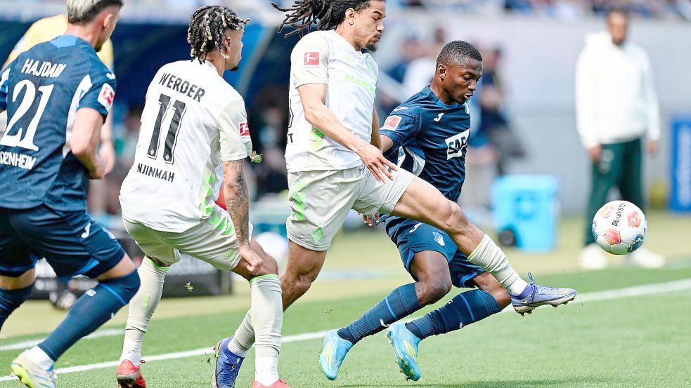 Hoffenheims Bazoumana Touré (r.) macht Druck gegen Werder. Foto: Uwe Anspach