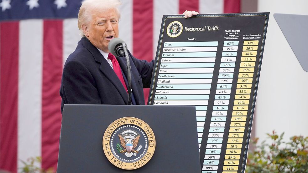 Trump hatte im April 2025 international neue Zollhöhen angekündigt. (Archivbild) Foto: Mark Schiefelbein/AP/dpa