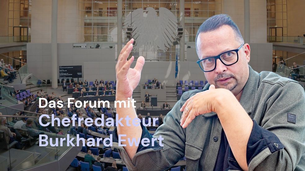 Interne Streitigkeiten und fatale Fehler: Die Bundesregierung unter Friedrich Merz steht massiv in der Kritik. Profitieren davon am Ende nur die Ränder? Diskutieren Sie mit Burkhard Ewert im „360° | Das Forum“. Foto: noz und dpa/Carsten Koall
