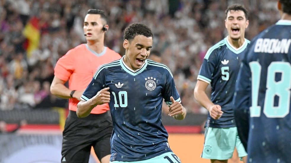 Durfte bei seinem DFB-Comeback ein Tor bejubeln: Jamal Musiala. Foto: Federico Gambarini/dpa