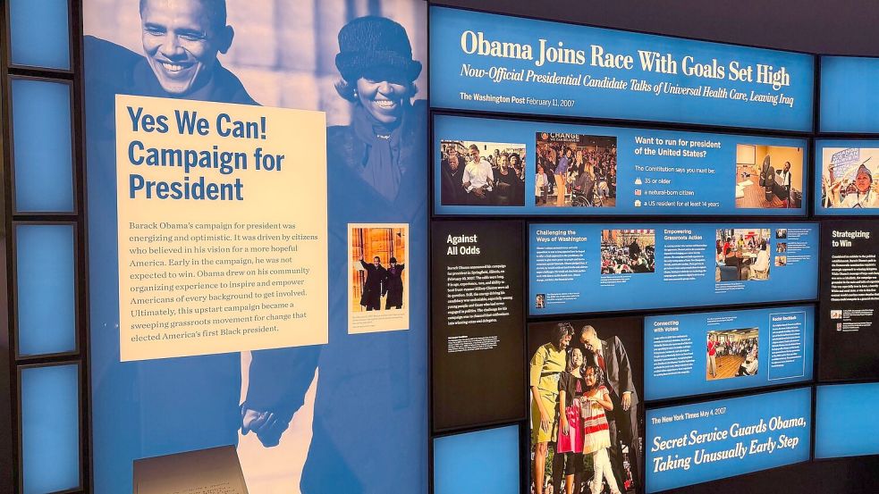 Teil der Ausstellung ist Obamas Werdegang. Foto: Khang Mischke/dpa