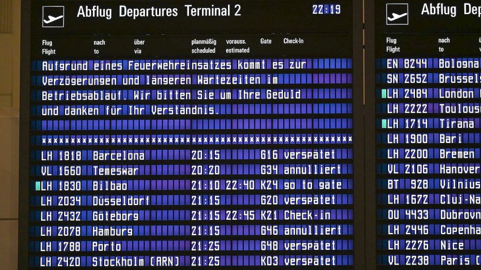 Die Anzeigetafeln des Flughafens informierten die Reisenden über verspätete und annullierte Flüge. Foto: Sven Hoppe/dpa