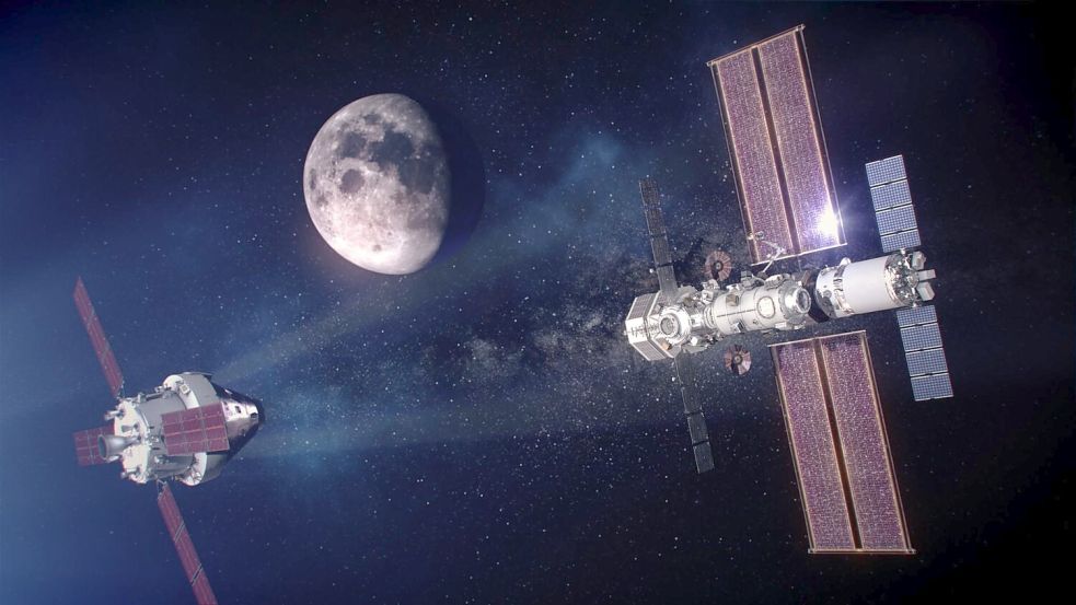 Ursprünglich sah das Projekt auch einen Außenposten am Mond namens „Lunar Gateway“ vor - hier eine grafische Darstellung. Foto: Alberto Bertolin/Nasa/dpa