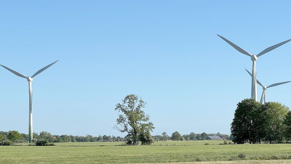 Drei der insgesamt sieben Südbrookmerlander Windkraftanlagen stehen zwische Uthwerdum und Oldeborg. Foto: Holger Janssen