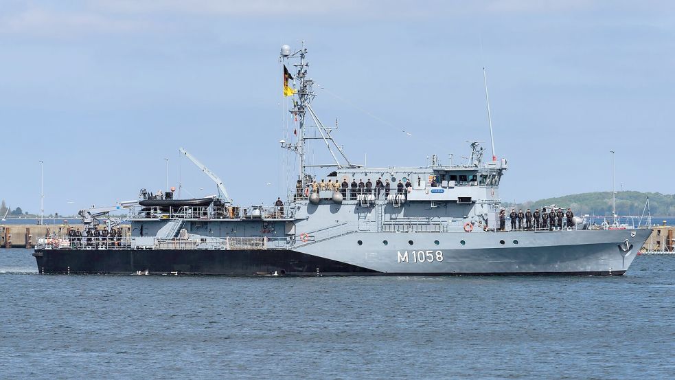 Das Minenjagdboot „Fulda“ ist derzeit auf dem Weg in Richtung der Straße von Hormus. (Archivbild) Foto: Marcus Golejewski