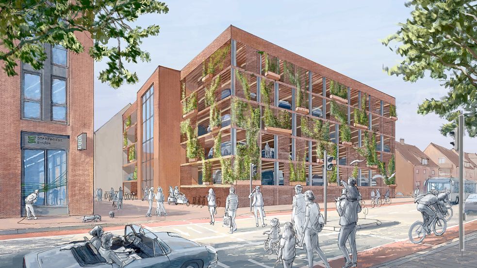 Das neue Parkhaus an der Pottgießerstraße hat offene Etagen und ein geschlossenes Treppenhaus. Fast 200 Autos sollen hier Platz finden – und Fahrräder. Grafik: Stadt Emden