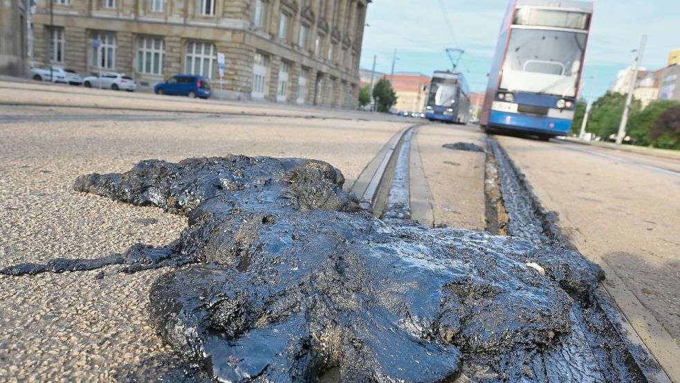 Die Straßenbahn in Leipzig steht wegen Hitzeschäden bis Montag still. Foto: Heiko Rebsch/dpa