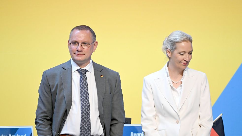 Angeblich „Herz und Seele“ der AfD: Die Bundessprecher Tino Chrupalla und Alice Weidel. Beim Parteitag in Erfurt wurde allerdings auch Björn Höckes Einfluss gestärkt. Foto: Katharina Kausche
