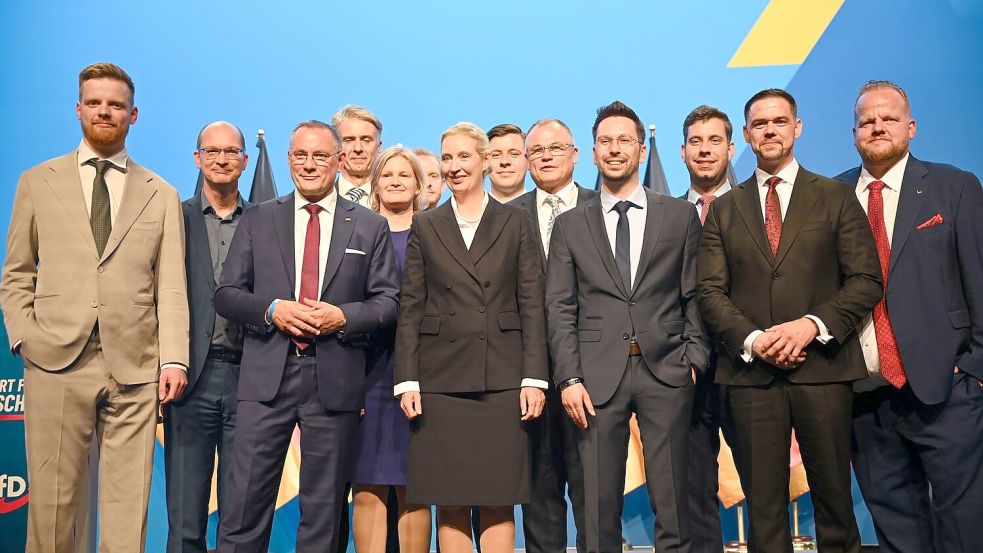 Als der neue Bundesvorstand komplett ist, ruft die Co-Vorsitzende Alice Weidel alle Mitglieder auf die Bühne für ein Gruppenfoto. Foto: Katharina Kausche