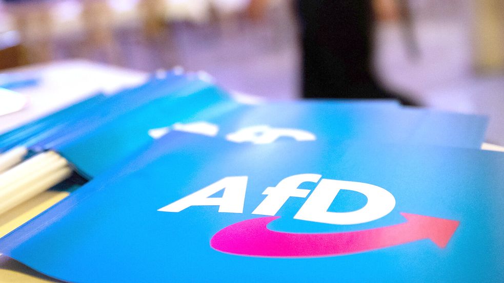 Fähnchen mit dem Logo der AfD liegen auf einem Tisch. Der AfD-Kreisverband Aurich-Emden distanziert sich von Hasskommentaren bei der SPD Krummhörn. Foto: Daniel Karmann/dpa