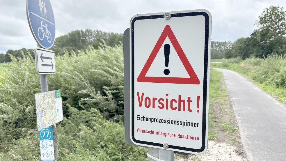 Am frisch erneuerten Radweg an der Forlitzer Straße bei Wiegboldsbur stehen seit Montag Warnschilder.Foto: Aiko Recke