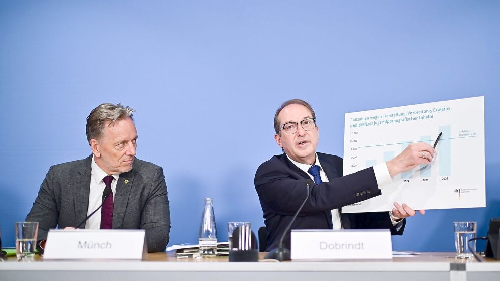 Bundesinnenminister Alexander Dobrindt (r.) und BKA-Chef Holger Münch präsentieren aktuelle Zahlen zu sexuellem Missbrauch von Kindern und Jugendlichen. Foto: Sebastian Gollnow/dpa